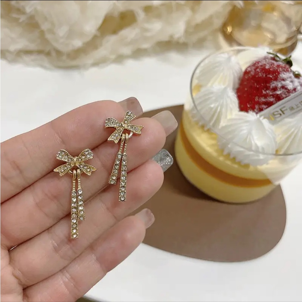 Gold Filled Bow CZ Earrings - Picture 2 of 2